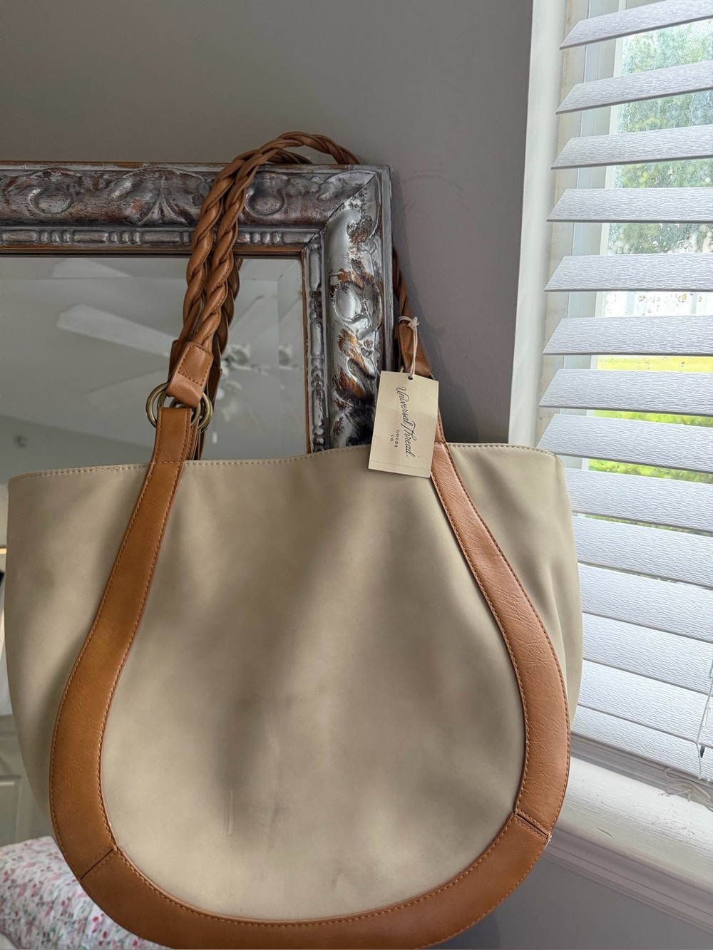 Universal Thread Cream Canvas Tote with Tan Leather Trim
